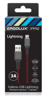 Кабель ERGOLUX ELX-CDC09-C43 USB-Lightning, 3А, 1,5м ткань зарядка+передача данных, коробка черный-красный
