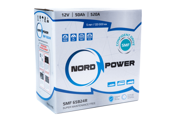 Аккумулятор NORD POWER SMF 65B24R 50A/h (пусковой ток 520А)
