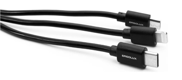 Кабель ERGOLUX ELX-CDC05-C02 3в1- Micro USB-Lightning-Type C, 3А, 1,2м зарядка коробка черный