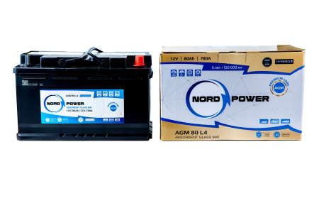 Аккумулятор NORD POWER AGM 80 L4 80A/h (пусковой ток 780А) Start-Stop/Гибрид