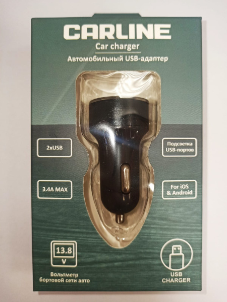 Адаптер в прикуриватель CARLINE CH-2U-VM  2xUSB, 12/24В, черный