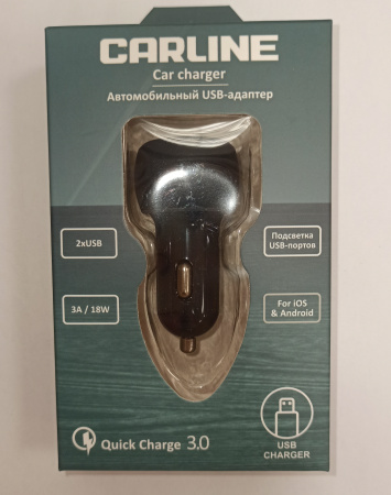 Адаптер в прикуриватель CARLINE CH-2QC 2xUSB "Quick Charge 3.0" 12В, черный, в коробке