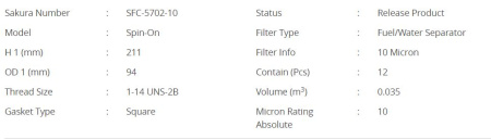 Фильтр топливный сепаратор SAKURA SFC-5702-10 (380094, FS 1022)